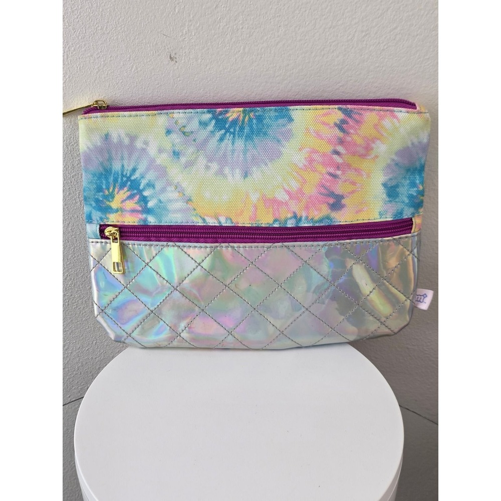 More Than Magic Tie Dye Holographic Quilted Cosmetic Bag Pouch Silver Multicolor